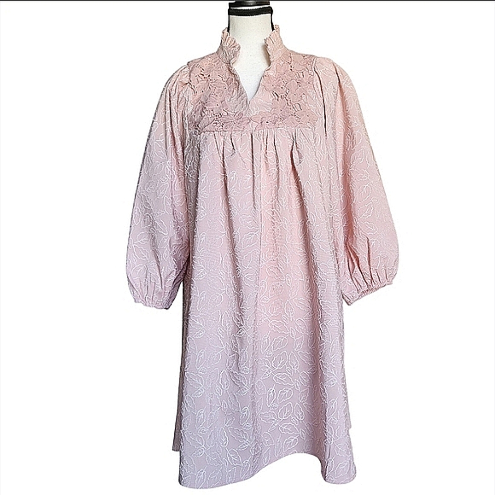 Soft Pink Grannycore Embroidered Puff Sleeve Babydoll Cottage Dress Size XL